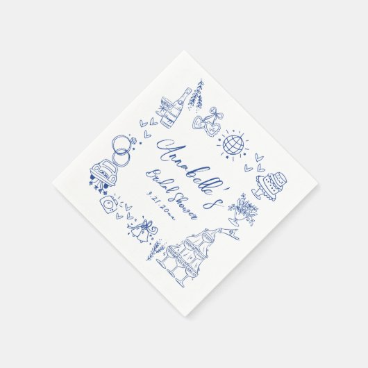 Handgezeichnetes blaues weißes Brautparty Serviette (Ecke)