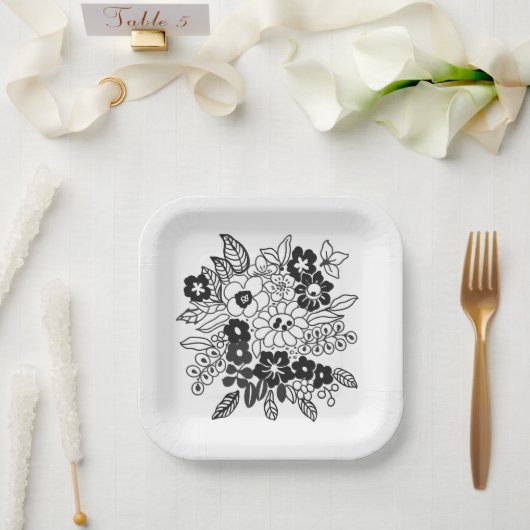 Handgezeichnetes Blumenmotiv Pappteller (Hochzeit)