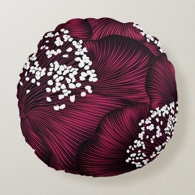 Handgezeichnetes Blumenmuster mit Kamelie-Blume Rundes Kissen (Vorderseite)