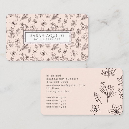 Handgezeichnetes botanisches Rosa Doula Geburt Visitenkarte (Vorne/Hinten)