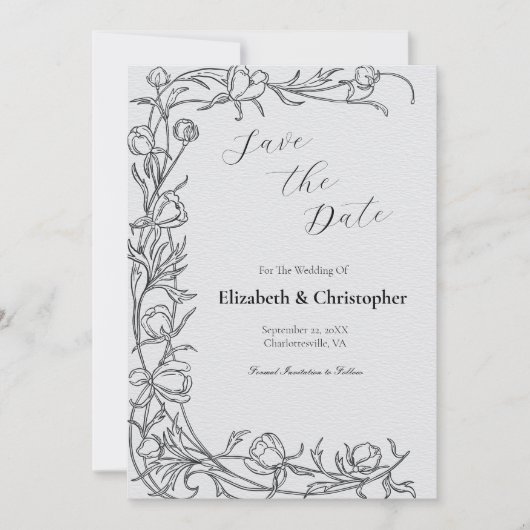 Handgezeichnetes botanisches Save the Date grau Einladung (Vorderseite)