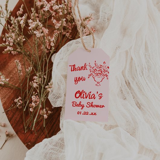 Handgezeichnetes Bouquet-Baby in Blütendusche Geschenkanhänger