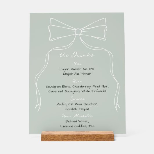Handgezeichnetes "Bow Sage Green Wedding Bar Drink Acrylschild (Vorderseite)