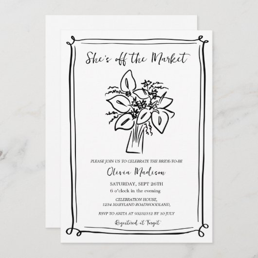 Handgezeichnetes Brautparty "She's off the Market" Einladung (Vorne/Hinten)