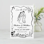 Handgezeichnetes Buch Doodles Braut & Groom Hochze Save The Date (Stehend Vorderseite)