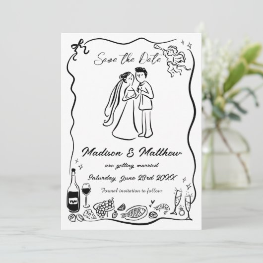 Handgezeichnetes Buch Doodles Braut & Groom Hochze Save The Date (Stehend Vorderseite)