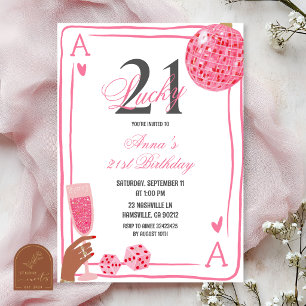 Handgezeichnetes Casino Rosa Lucky 21 Geburtstag Einladung