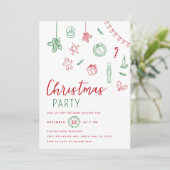 Handgezeichnetes Doodle Rotes und Grünes Weihnacht Einladung (Stehend Vorderseite)