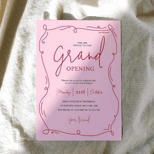 Handgezeichnetes einzigartiges Pink Grand Opening  Einladung