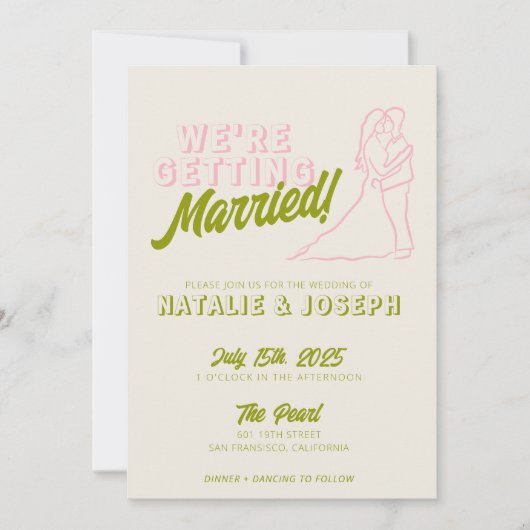 Handgezeichnetes farbiges Retro Fett Funky Wedding Einladung (Vorderseite)