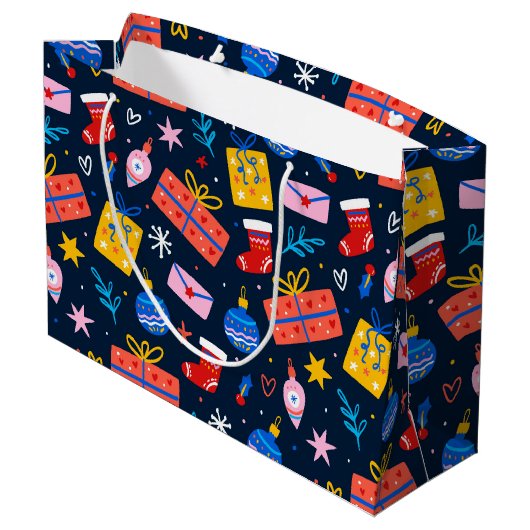 Handgezeichnetes farbiges Weihnachtsmuster, Tief B Große Geschenktüte (Rückseite Schrägansicht)