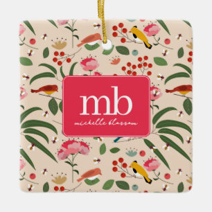 Handgezeichnetes florales Vögel Bienen Botanisches Keramikornament