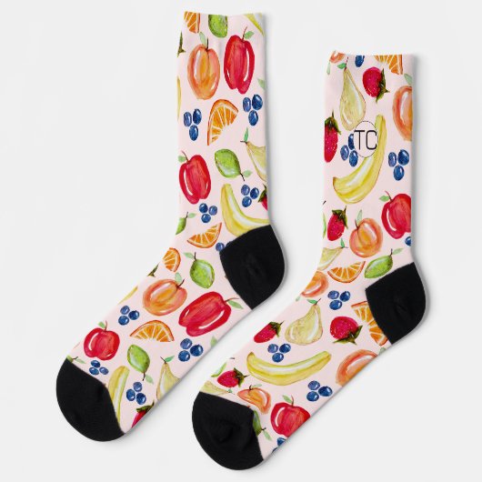 Handgezeichnetes Fruchtmuster Novelty Monogramm Socken (Linkes Detail)
