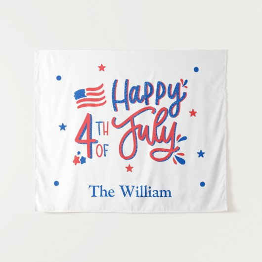 Handgezeichnetes Glück 4. Juli Rot Weiß und Blau Wandteppich (Vorderseite (Horizontal))