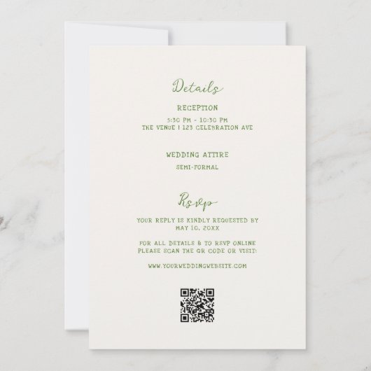 Handgezeichnetes Grün in einer Hochzeit Einladung (Rückseite)