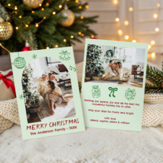 Handgezeichnetes grün-rotes Familien-Weihnachtsfot Feiertagskarte