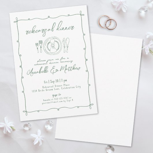 Handgezeichnetes grünes Hochzeitessen Probe Einladung