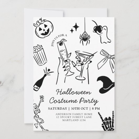 Handgezeichnetes Halloween-KostümParty Einladung (Vorderseite)