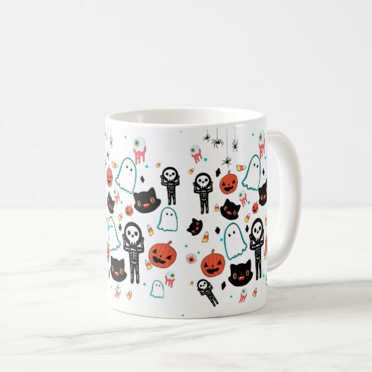 Handgezeichnetes Halloween-Skeleton-Geistermuster Kaffeetasse (VorderseiteRechts)