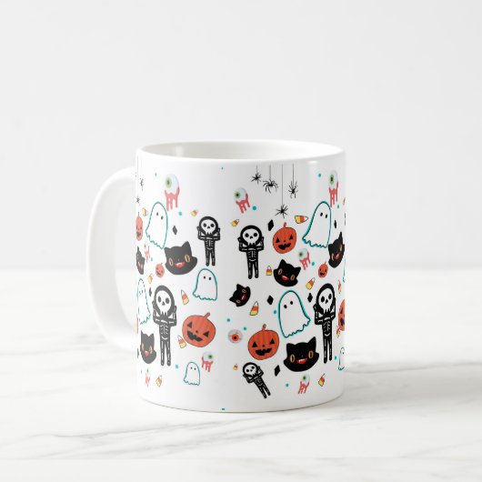 Handgezeichnetes Halloween-Skeleton-Geistermuster Kaffeetasse (Vorderseite Links)