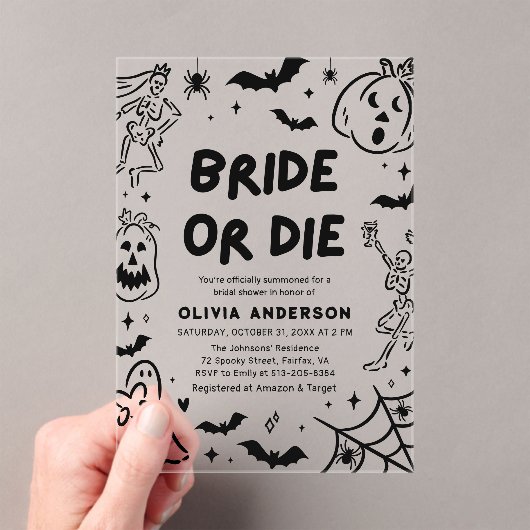 Handgezeichnetes Halloween Skeleton Ghost-Brautpar Acryleinladungen (Insitu (Handheld))