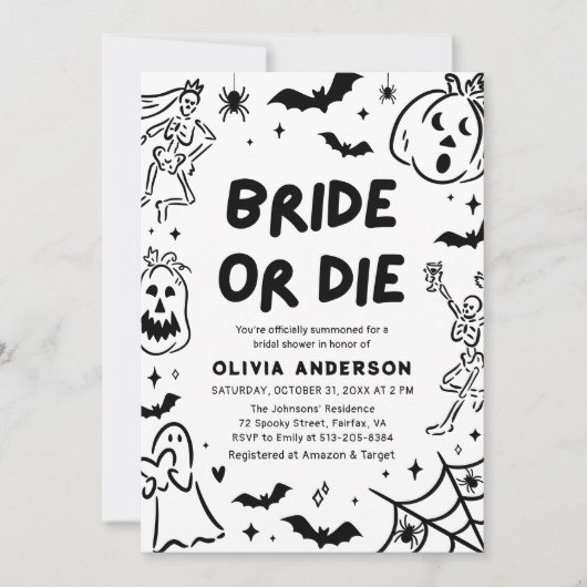 Handgezeichnetes Halloween Skeleton Ghost-Brautpar Einladung (Vorderseite)