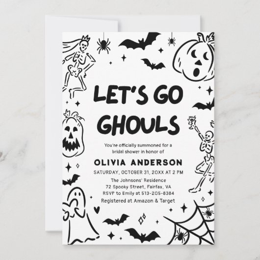 Handgezeichnetes Halloween Skeleton Ghost-Brautpar Einladung (Vorderseite)