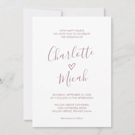 Handgezeichnetes Herz | Rosa beim Hochzeitsfeiern  Einladung (Vorderseite)