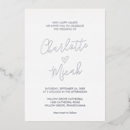 Handgezeichnetes Herz | Silver Foil Text Wedding Folieneinladung (Vorderseite)