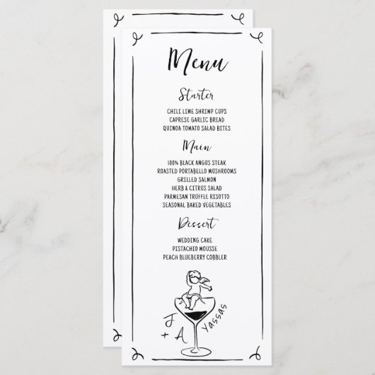 Handgezeichnetes Hochzeitsmenü mit handgeschrieben Menükarte (Vorne/Hinten)