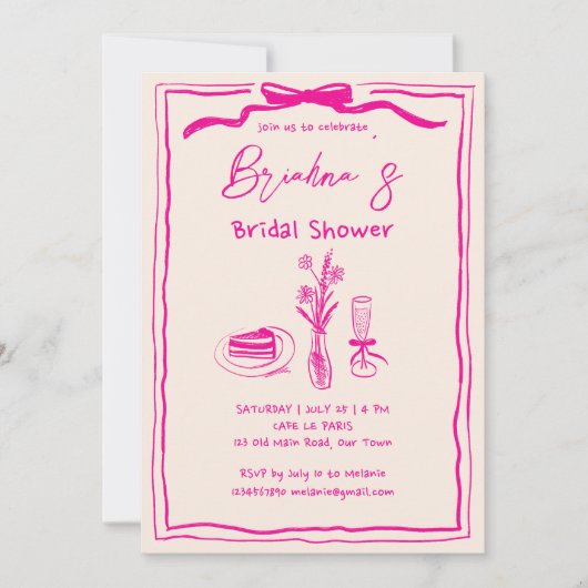 Handgezeichnetes, in Retro-Rosa-Band-Brautparty Einladung (Vorderseite)