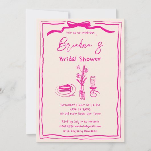 Handgezeichnetes, in Retro-Rosa-Band-Brautparty Einladung (Vorderseite)