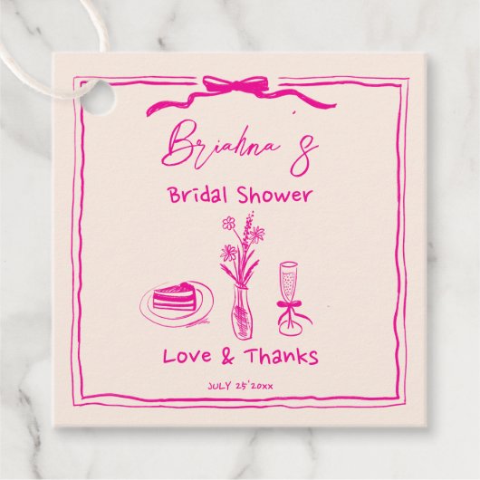 Handgezeichnetes, in Retro-Rosa-Band-Brautparty Geschenkanhänger (Vorderseite)