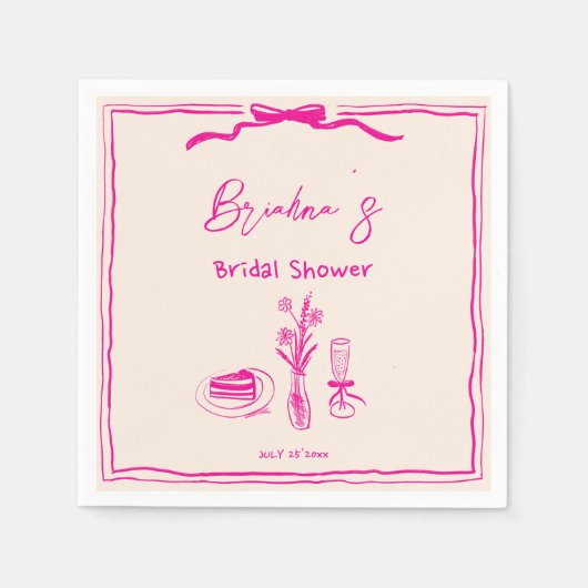 Handgezeichnetes, in Retro-Rosa-Band-Brautparty Serviette (Vorderseite)