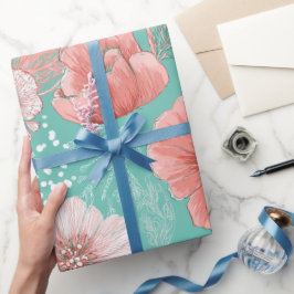 Handgezeichnetes Korallenblumen-Minz-Blumenmuster Geschenkpapier