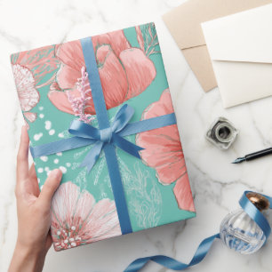Handgezeichnetes Korallenblumen-Minz-Blumenmuster Geschenkpapier