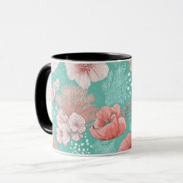 Handgezeichnetes Korallenblumen-Minz-Blumenmuster Tasse
