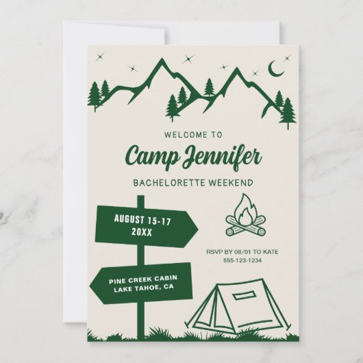 Handgezeichnetes Lager Bachelorette Wochenende Einladung (Vorderseite)