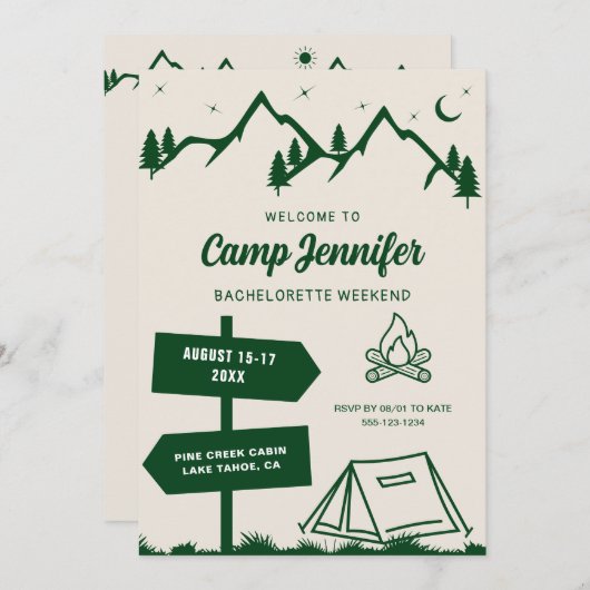 Handgezeichnetes Lager Bachelorette Wochenende Einladung (Vorne/Hinten)