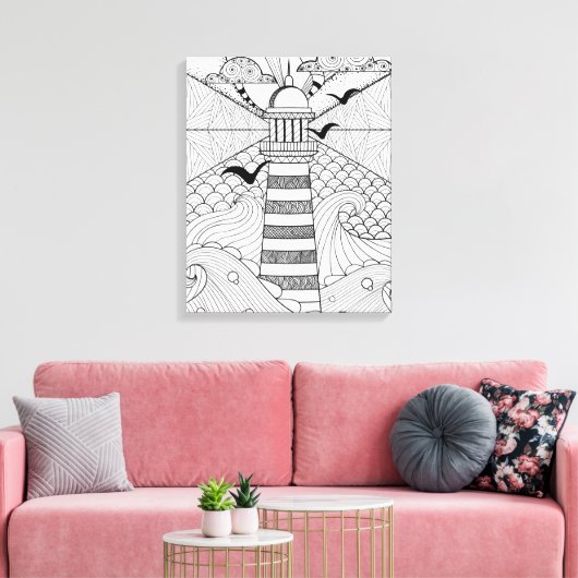 Handgezeichnetes Leuchtturm Doodle 6 Leinwanddruck (Insitu (Wohnzimmer))