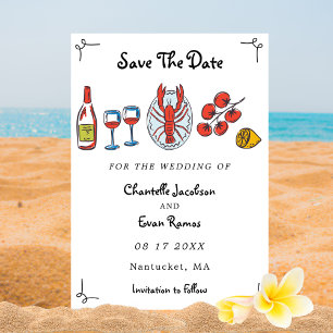 Handgezeichnetes Meeresfrüchte-Hummer-Strand-Theme Save The Date