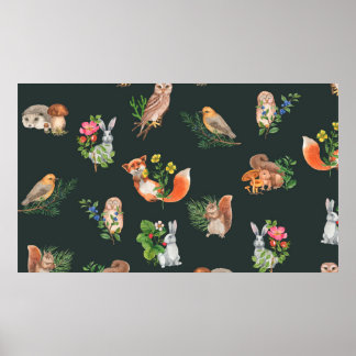 Handgezeichnetes nahtloses Muster mit Aquarellwald Poster