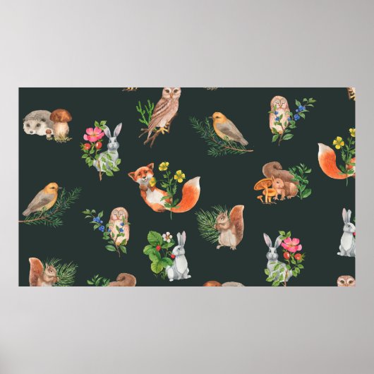 Handgezeichnetes nahtloses Muster mit Aquarellwald Poster (Vorne)