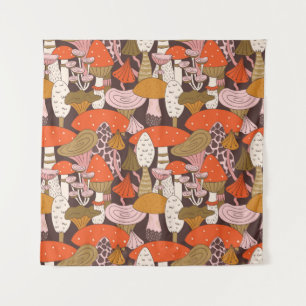 Handgezeichnetes, nahtloses Muster von Pilzen und Wandteppich