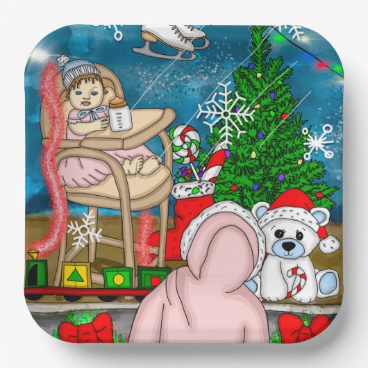 Handgezeichnetes Nostalgisches Weihnachtsfenster Pappteller (Vorderseite)