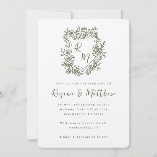 Handgezeichnetes Olive-Wappen Monogram All-in-one Einladung (Vorderseite)