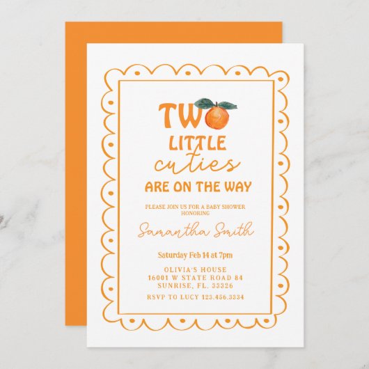 Handgezeichnetes Orange Zwei kleine Süssen sind au Einladung (Vorne/Hinten)