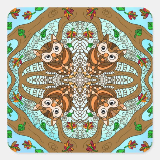 Handgezeichnetes Owl Mandala Artwork Quadratischer Aufkleber (Vorderseite)
