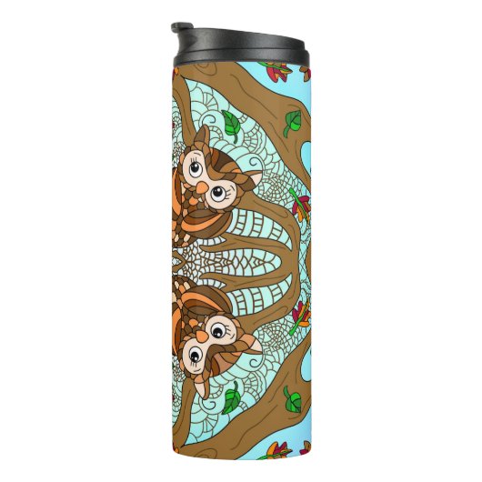 Handgezeichnetes Owl Mandala Artwork Thermosbecher (Nach rechts gedreht)