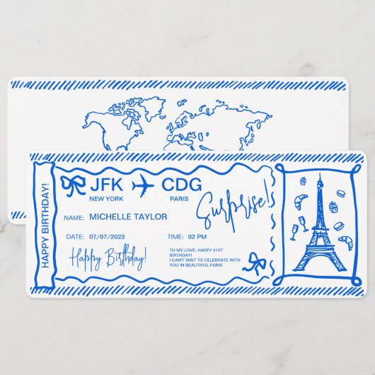 Handgezeichnetes Paris Überraschungsfahrkarte Boar Einladung (Vorne/Hinten)